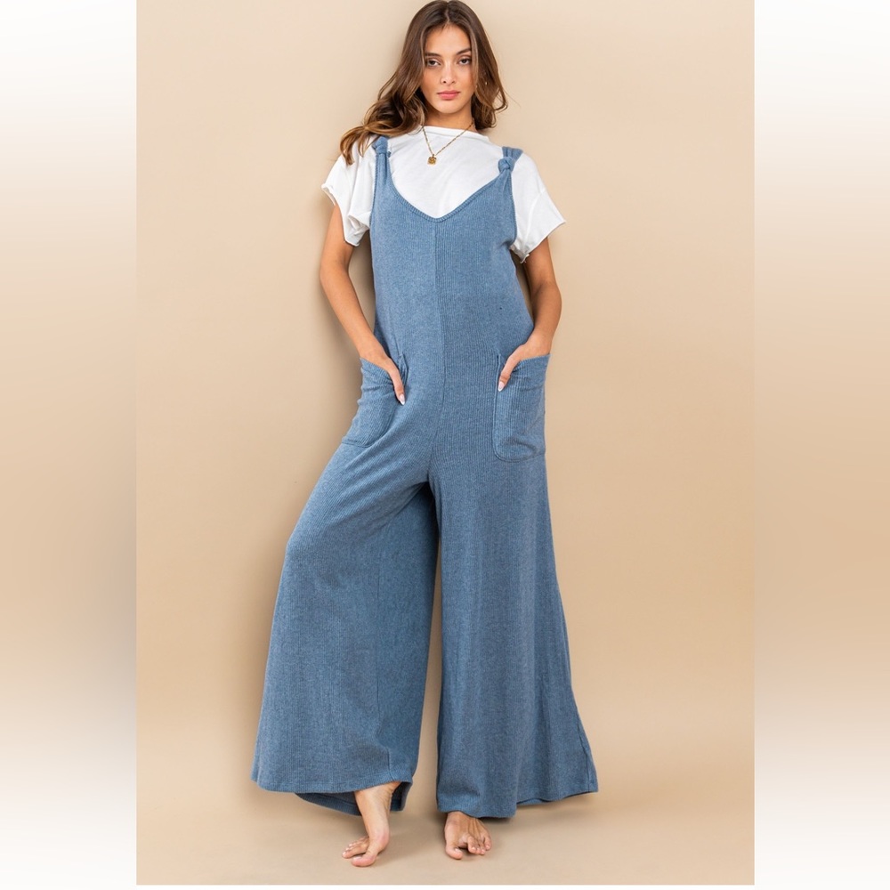 36 Brushed Ribbed Knit Knot Strap Wide Leg Jumpsuit